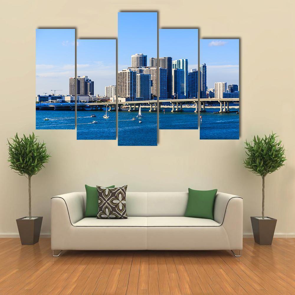 Miami Skyline Causeway Canvas Wall Art-5 Pop-Gallery Wrap-47" x 32"-Tiaracle