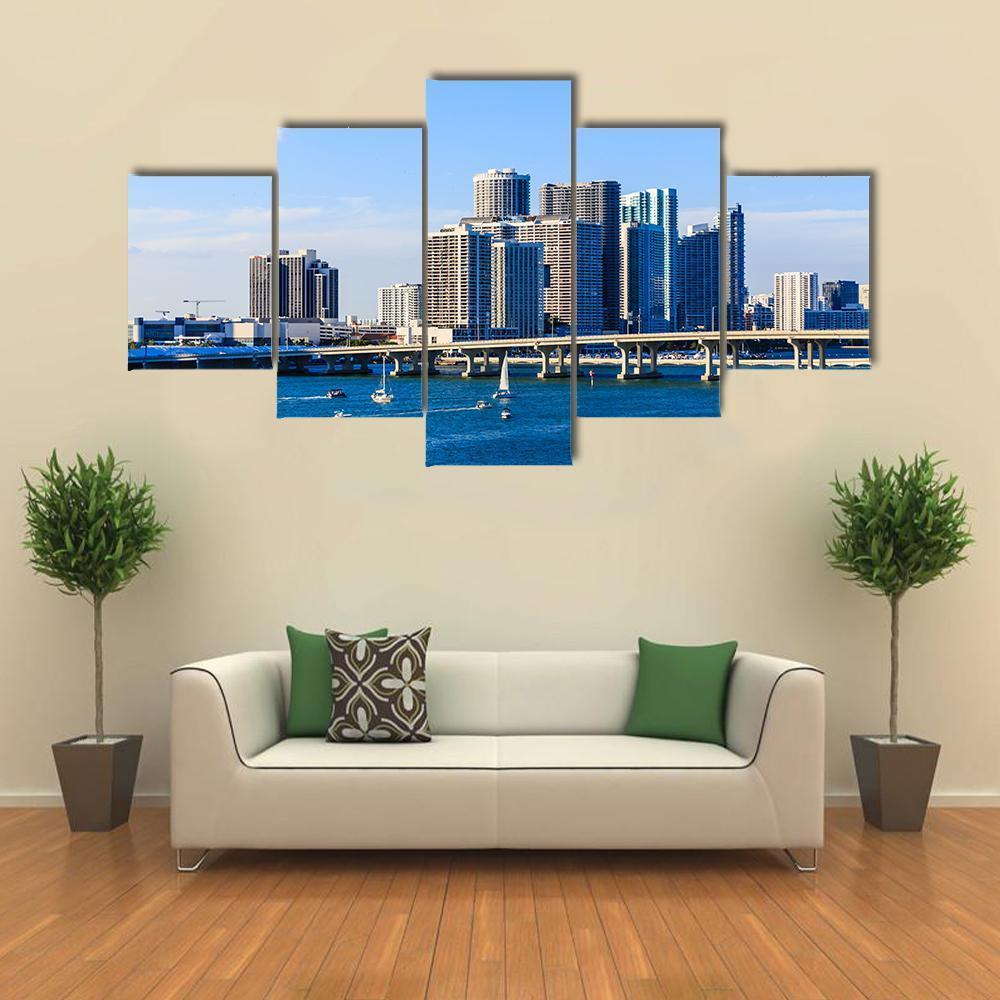 Miami Skyline Causeway Canvas Wall Art-5 Star-Gallery Wrap-62" x 32"-Tiaracle