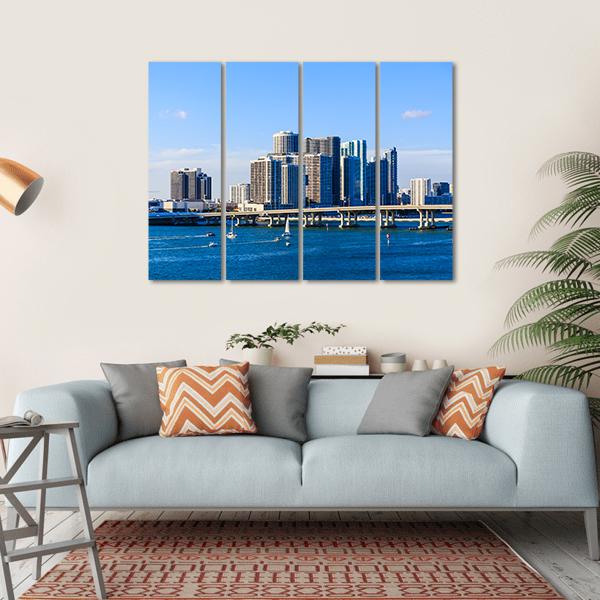 Miami Skyline Causeway Canvas Wall Art-4 Horizontal-Gallery Wrap-34" x 24"-Tiaracle