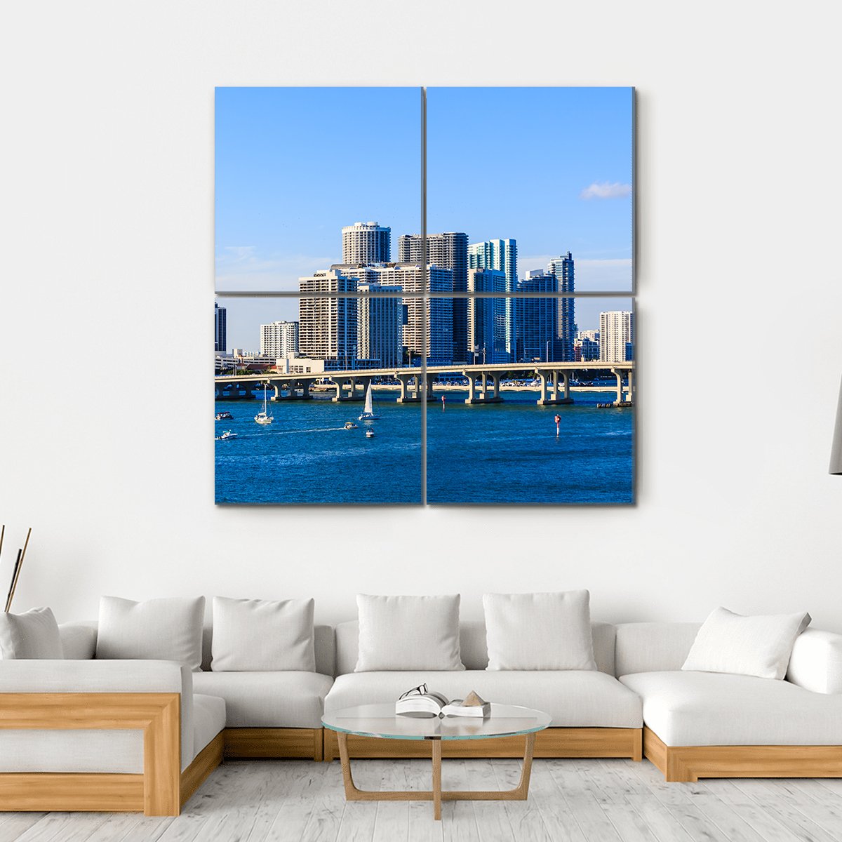 Miami Skyline Causeway Canvas Wall Art-4 Square-Gallery Wrap-17" x 17"-Tiaracle