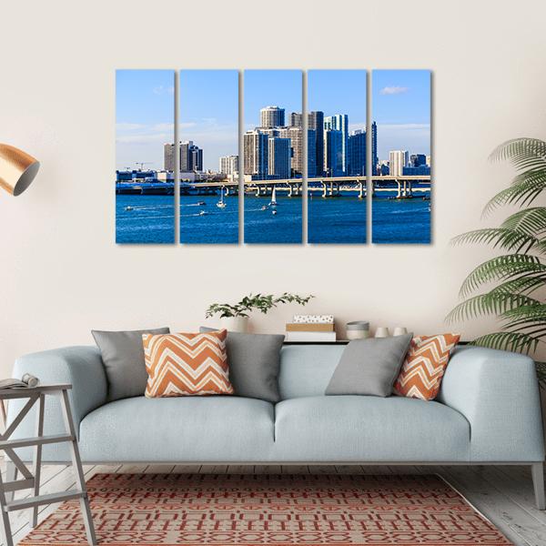 Miami Skyline Causeway Canvas Wall Art-5 Horizontal-Gallery Wrap-22" x 12"-Tiaracle