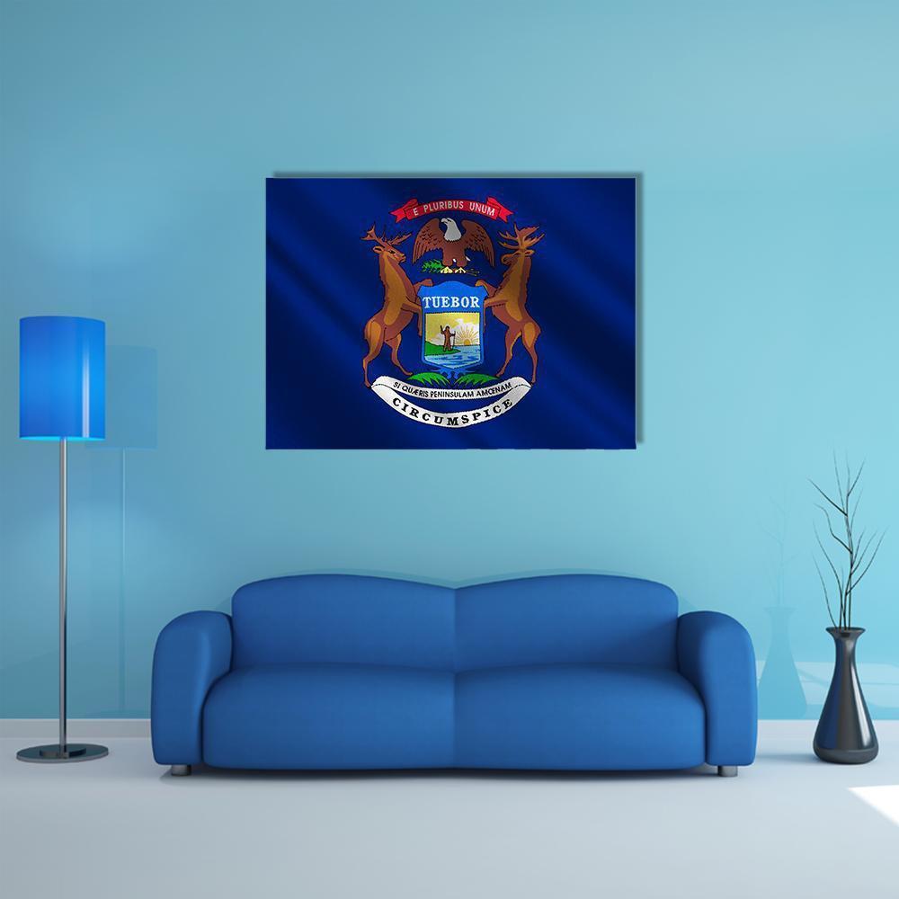 Michigan State Flag Canvas Wall Art in blue and navy, single panel hung on a wall