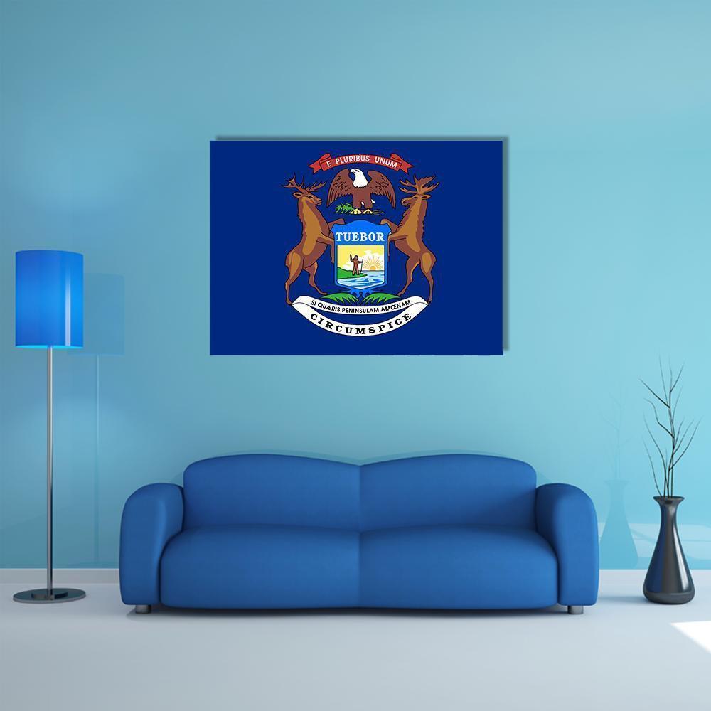 Michigan State Coat of Arms Flag Canvas Wall Art in blue, single panel hung on a wall