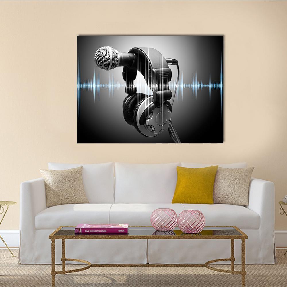 Microphone on Headphones with Waveform Canvas Wall Art in black, gray and blue, single panel hung on a wall