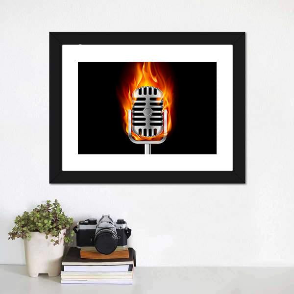 Microphone In Fire Canvas Wall Art-1 Piece-Framed Print-20" x 16"-Tiaracle
