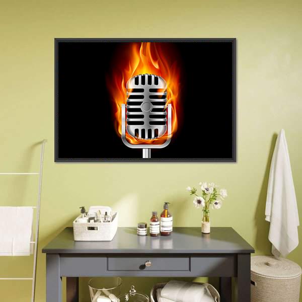 Microphone In Fire Canvas Wall Art-1 Piece-Floating Frame-24" x 16"-Tiaracle