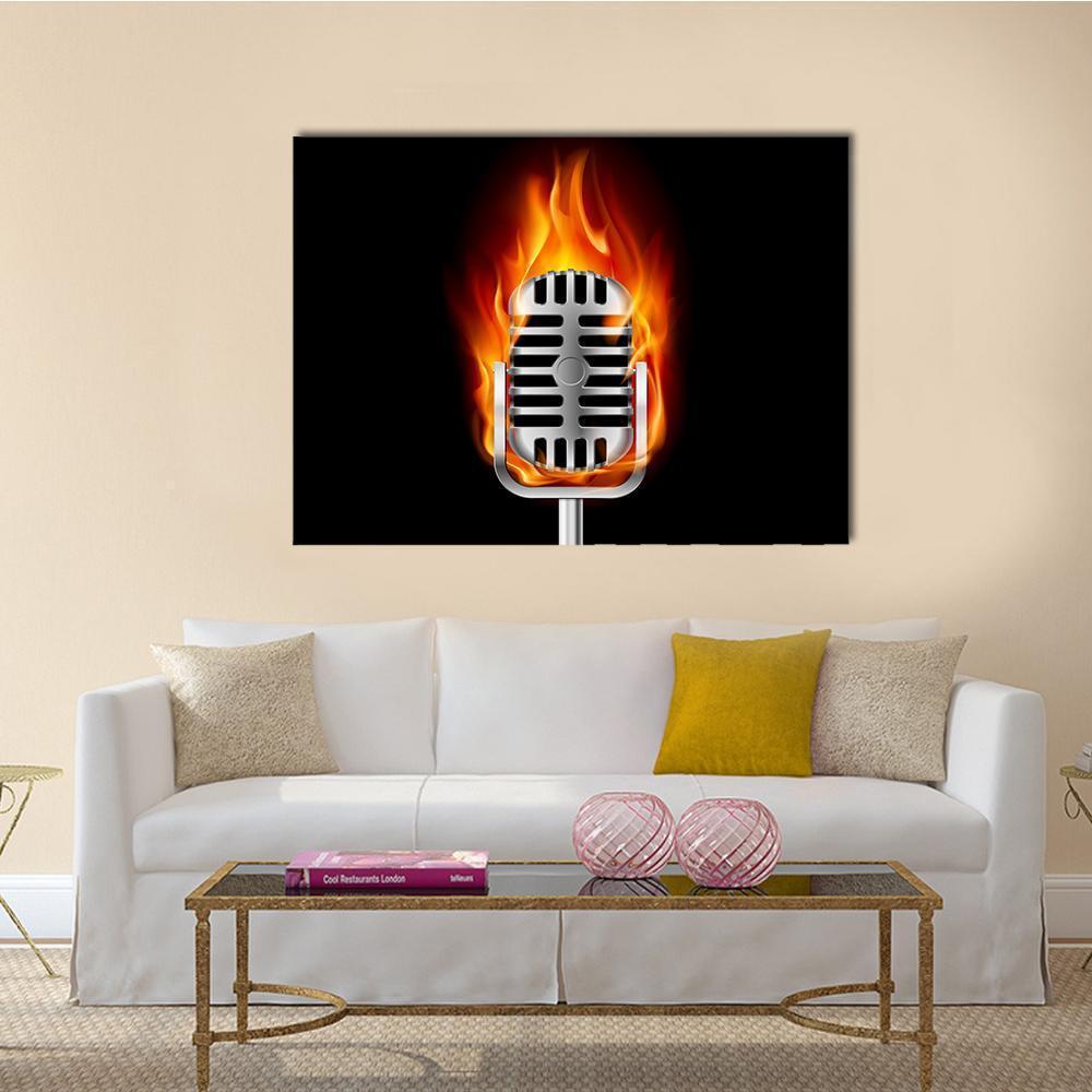 Vintage Microphone in Flames Canvas Wall Art in black, silver and orange, single panel hung on a wall