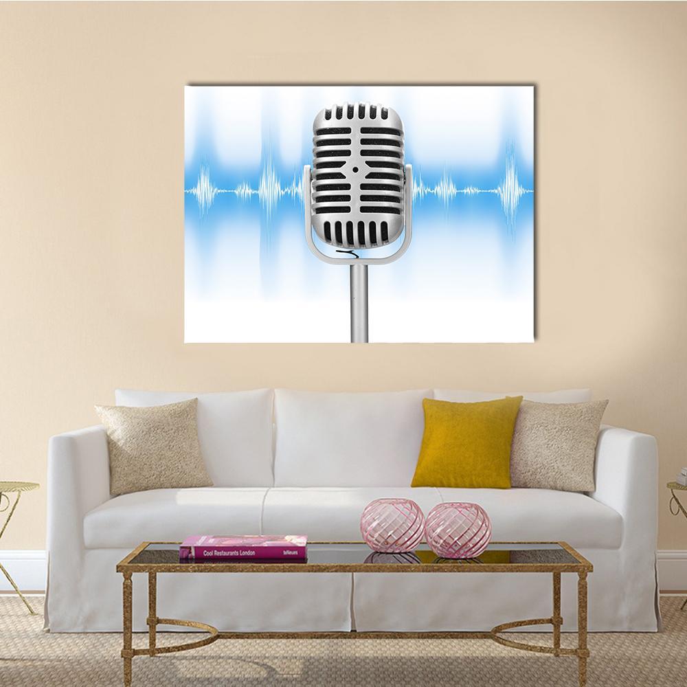 Vintage Microphone with Digital Sound Wave Canvas Wall Art in white, silver and blue, single panel hung on a wall