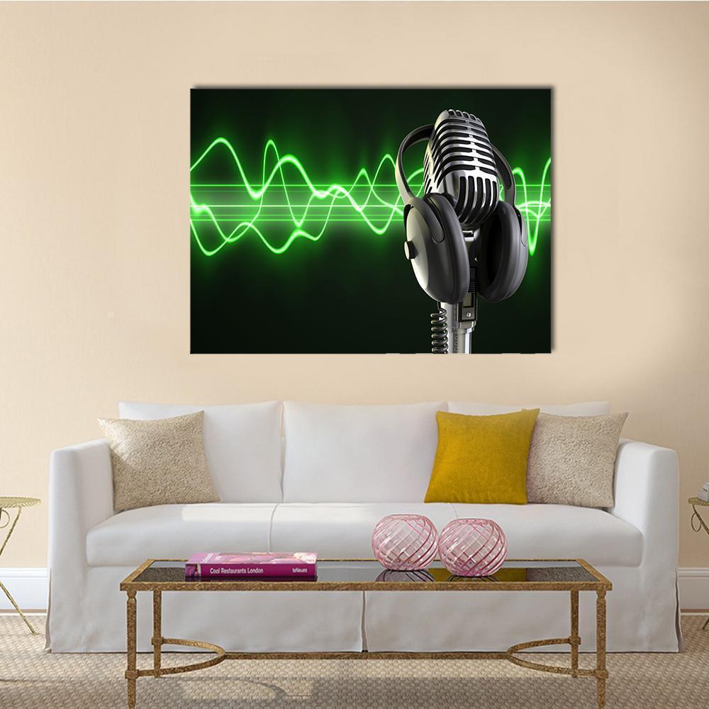 Vintage Microphone with Neon Green Sound Waves Canvas Wall Art in black, silver and green, single panel hung on a wall