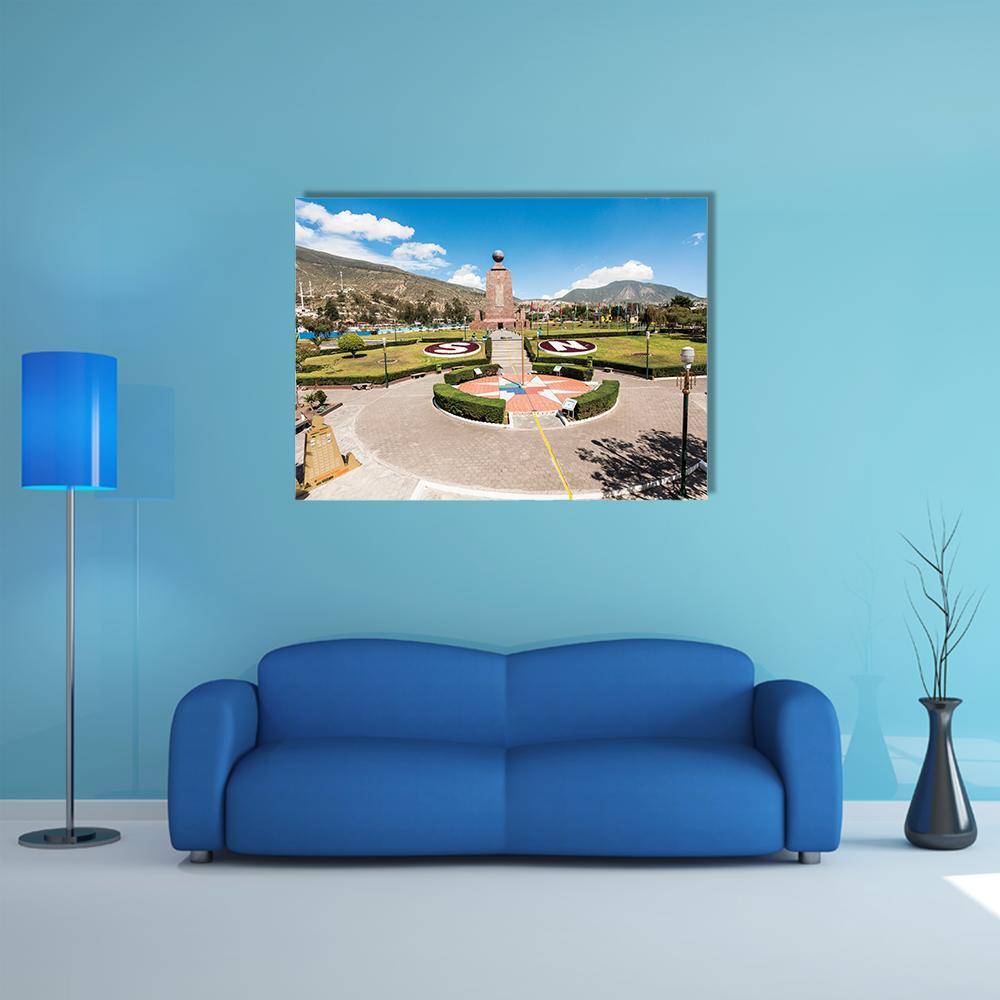 Middle of the World Monument Canvas Wall Art in gray, green and blue, single panel hung on a wall