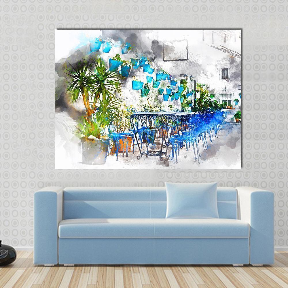 Mijas Street Spain Canvas Wall Art in white, gray and blue, single panel hung on a wall