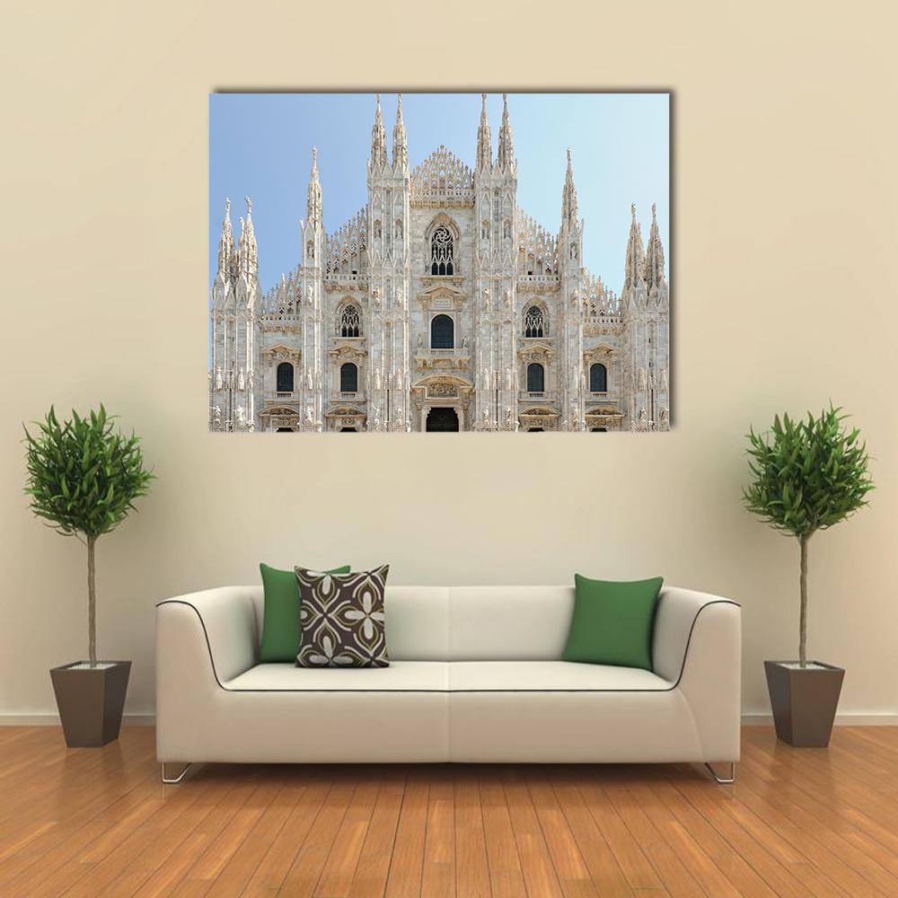 Milan Cathedral Duomo Canvas Wall Art in gray, beige and blue, single panel hung on a wall