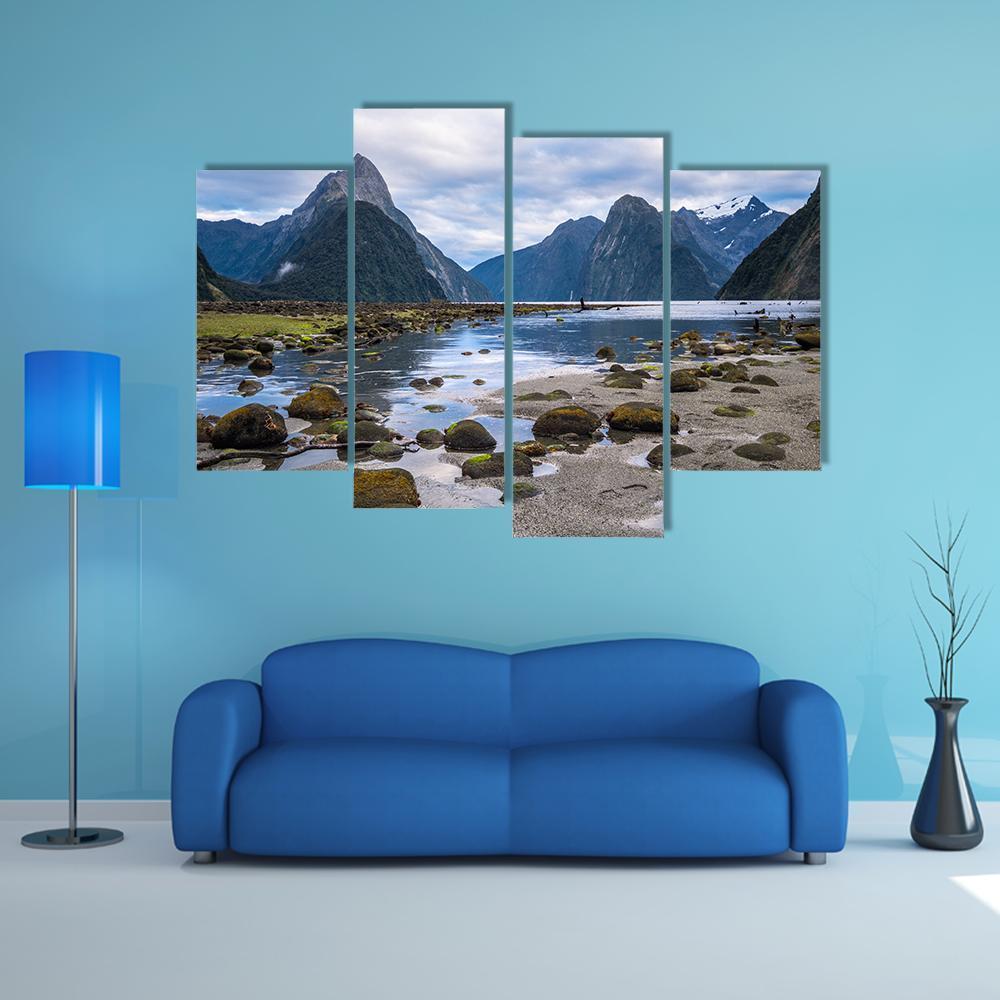 Milford Sound In New Zealand Canvas Wall Art-4 Pop-Gallery Wrap-50" x 32"-Tiaracle
