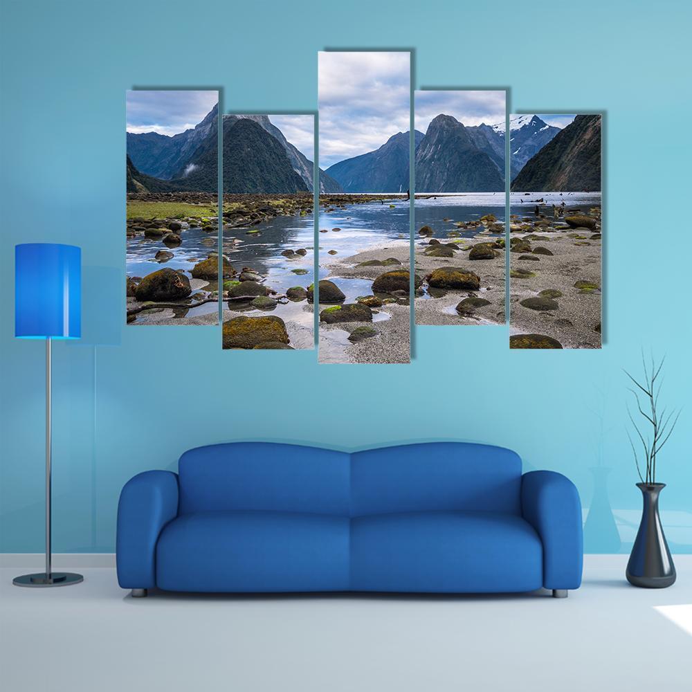 Milford Sound In New Zealand Canvas Wall Art-5 Pop-Gallery Wrap-47" x 32"-Tiaracle