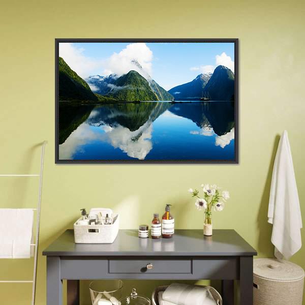 Milford Sound, New Zealand Reflection Canvas Wall Art in white, green and blue, framed canvas, product view on a white background