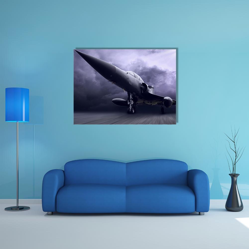 Fighter Jet Over Stormy Runway Canvas Wall Art in black, gray and purple, single panel hung on a wall