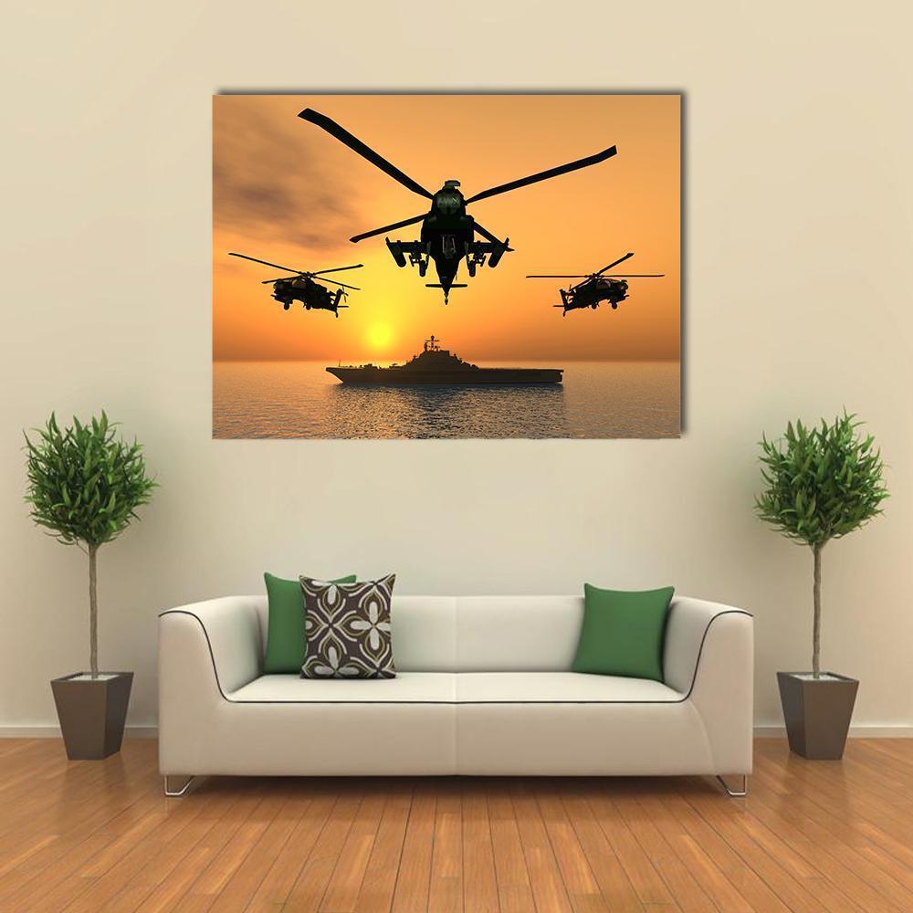 Three Apache Helicopters Canvas Wall Art in black, orange and yellow, single panel hung on a wall