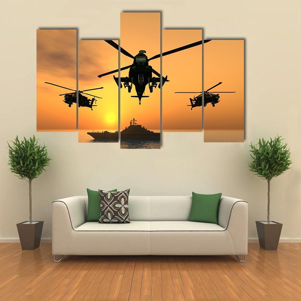 Three Apache Helicopters Canvas Wall Art-5 Pop-Gallery Wrap-47" x 32"-Tiaracle