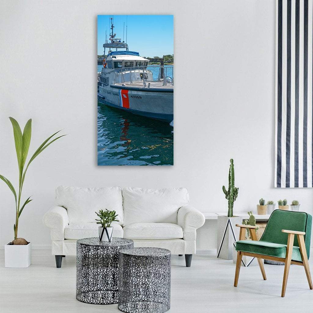 Coast Guard Boat 47259 Vertical Canvas Wall Art in gray and blue, single vertical panel hung on a wall