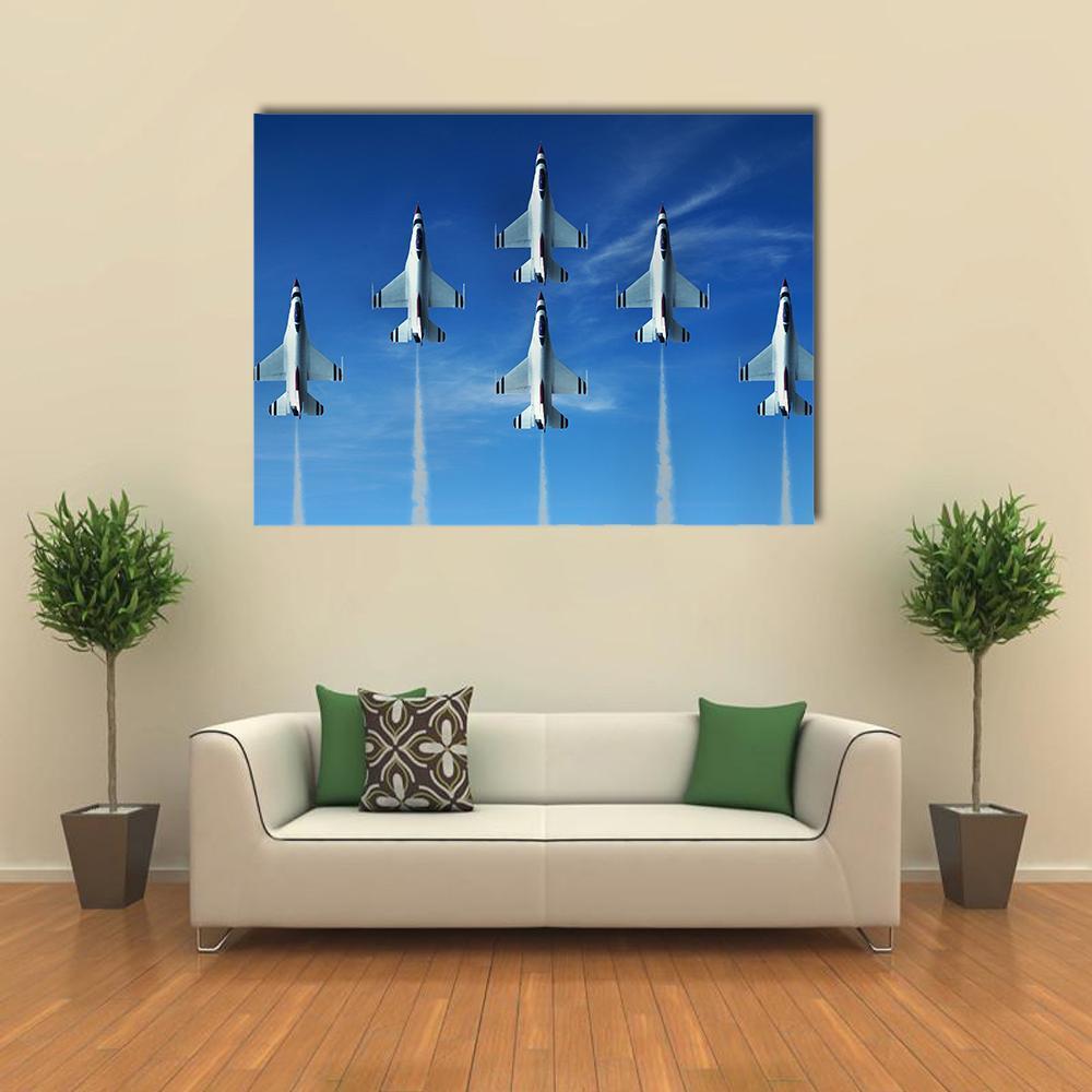 Six Fighter Jets in V-formation Canvas Wall Art in white and blue, single panel hung on a wall