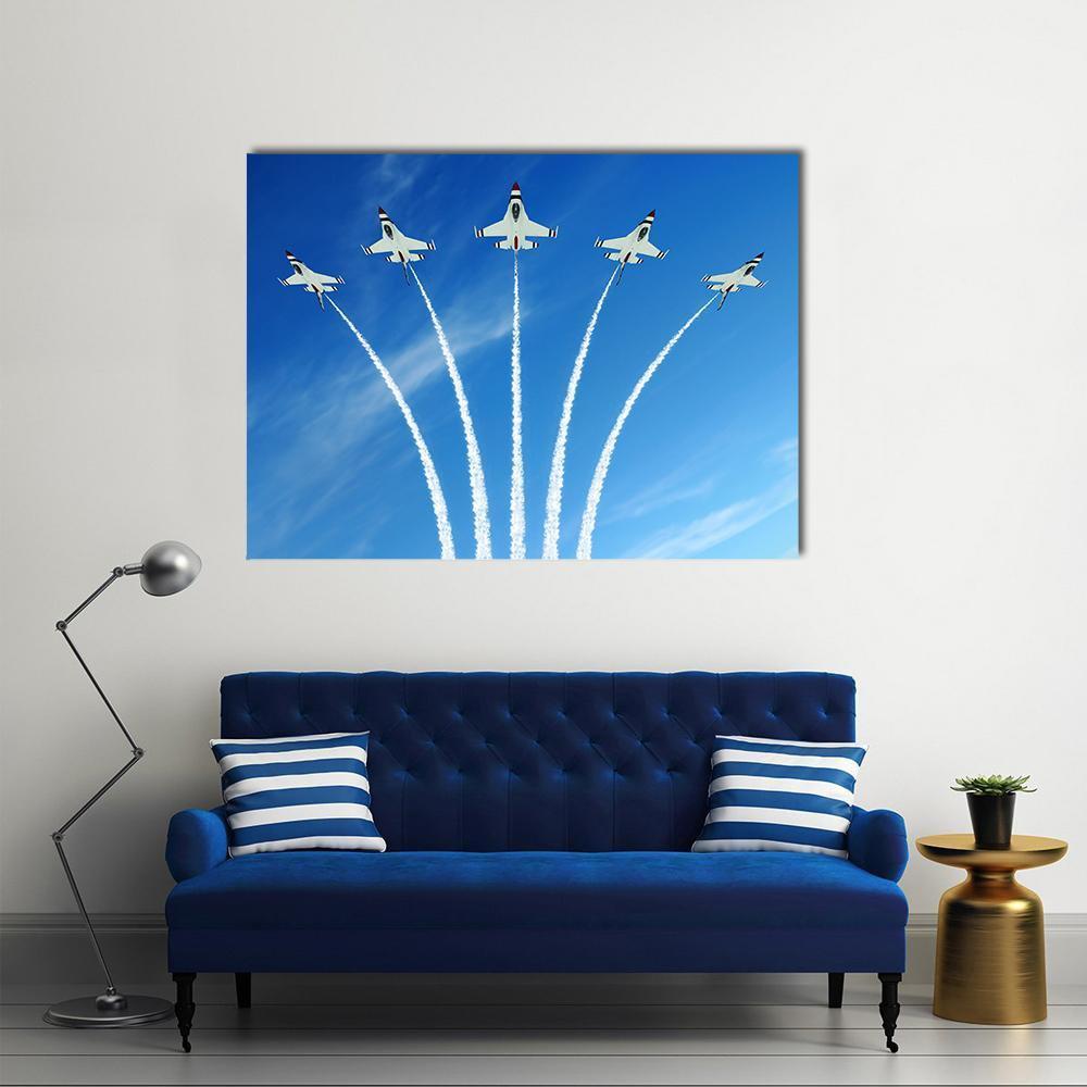 Five Fighter Jets in Formation Canvas Wall Art in white and blue, single panel hung on a wall