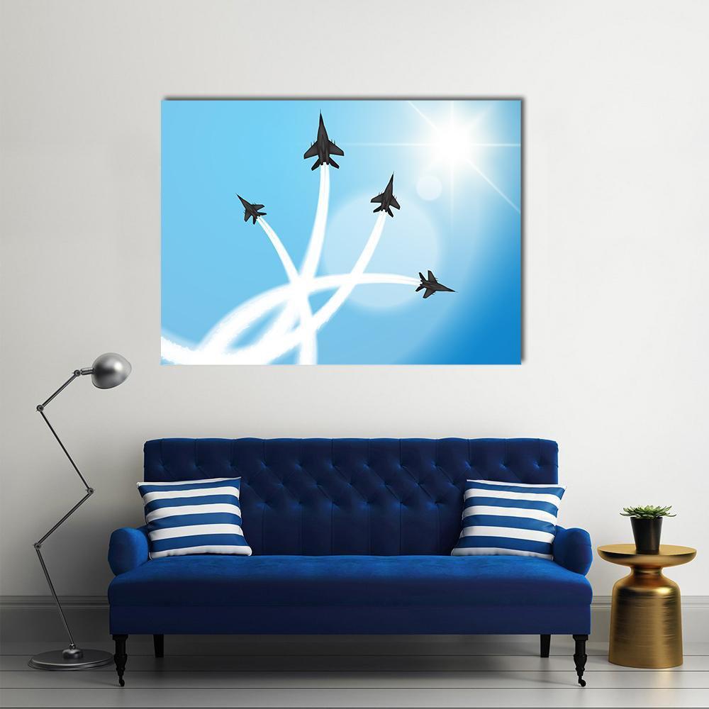 Fighter Jets Performing Acrobatics Canvas Wall Art in white and blue, single panel hung on a wall