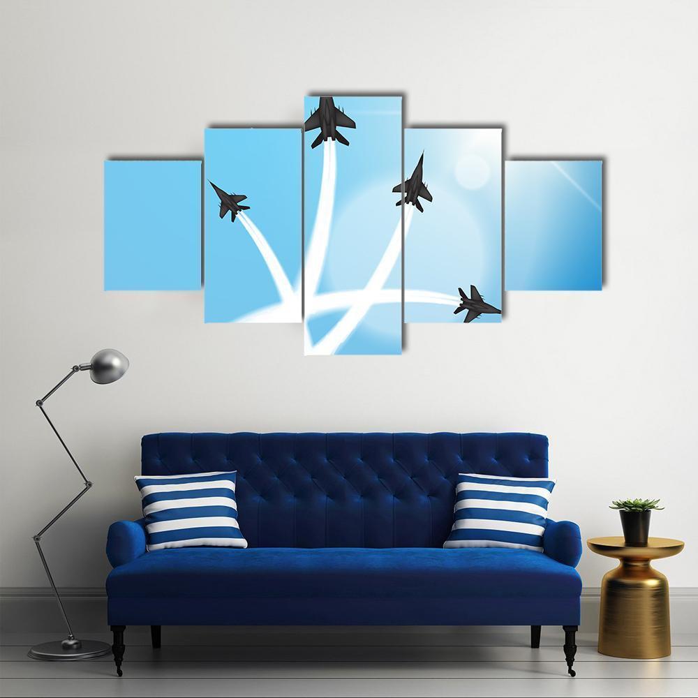 Fighter Jets Performing Acrobatics Canvas Wall Art-5 Star-Gallery Wrap-62" x 32"-Tiaracle