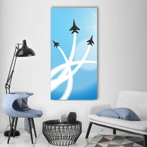 Fighter Jets Performing Acrobatics Vertical Canvas Wall Art in white and blue, hung on a wall