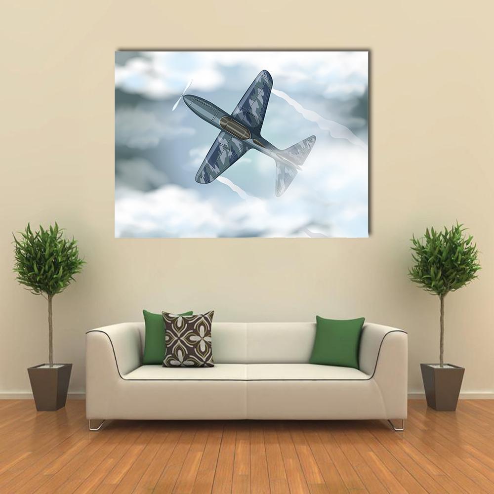 Camouflage Propeller Plane in Flight Canvas Wall Art in white, gray and blue, single panel hung on a wall