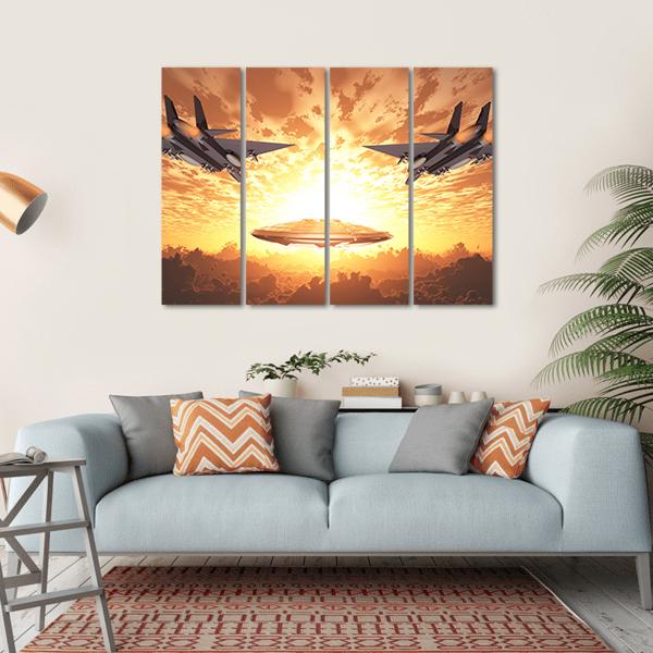 Military Jets In Orange Sunset Canvas Wall Art-4 Horizontal-Gallery Wrap-34" x 24"-Tiaracle