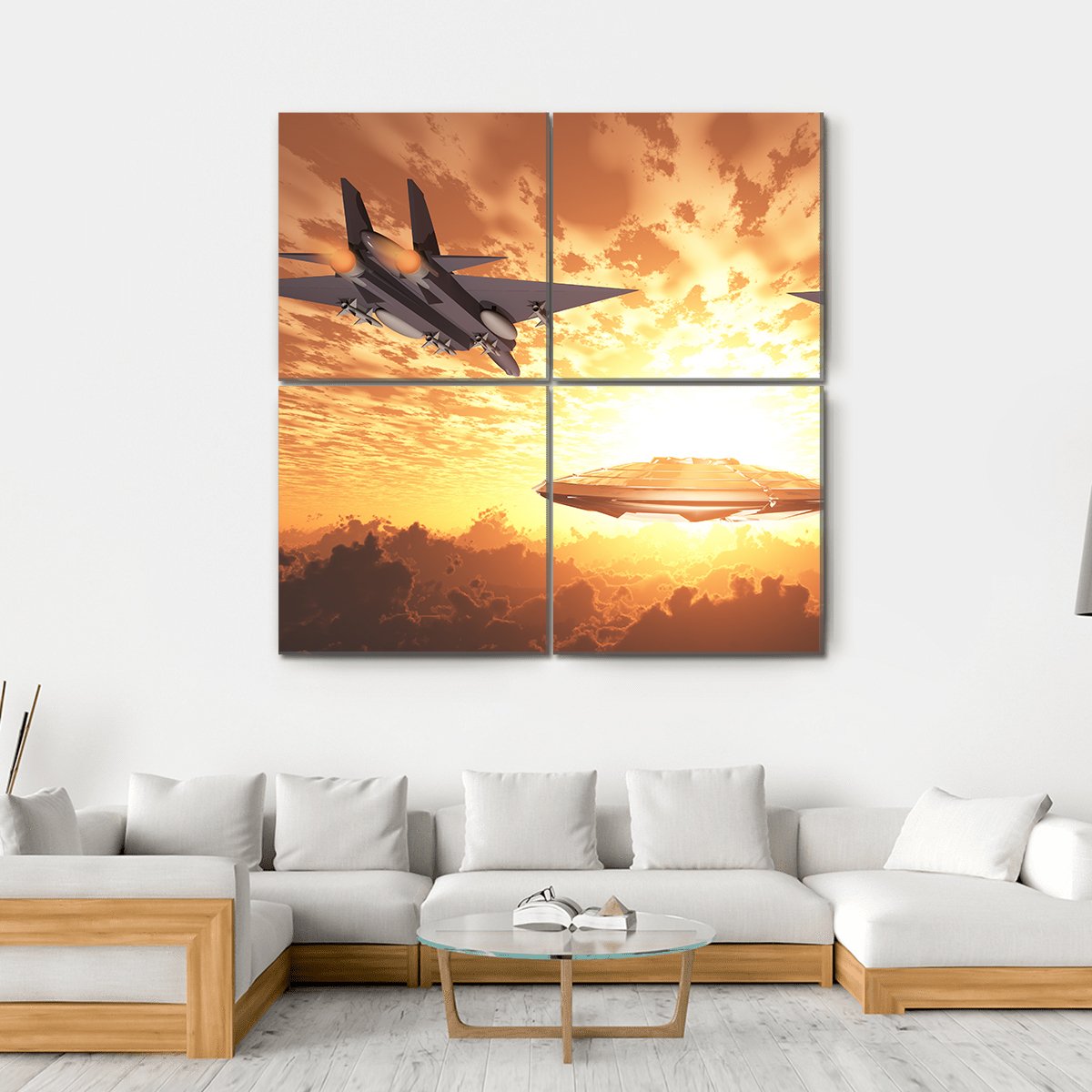 Military Jets In Orange Sunset Canvas Wall Art-4 Square-Gallery Wrap-17" x 17"-Tiaracle