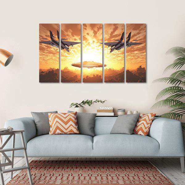 Military Jets In Orange Sunset Canvas Wall Art-5 Horizontal-Gallery Wrap-22" x 12"-Tiaracle