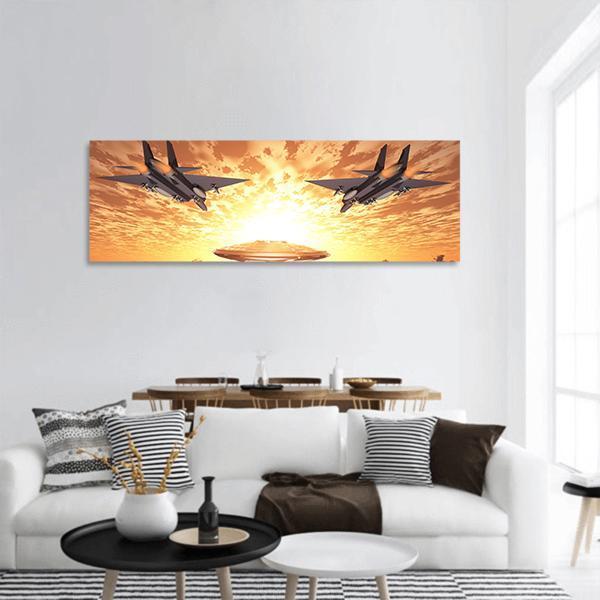 Military Jets In Orange Sunset Panoramic Canvas Wall Art-1 Piece-36" x 12"-Tiaracle