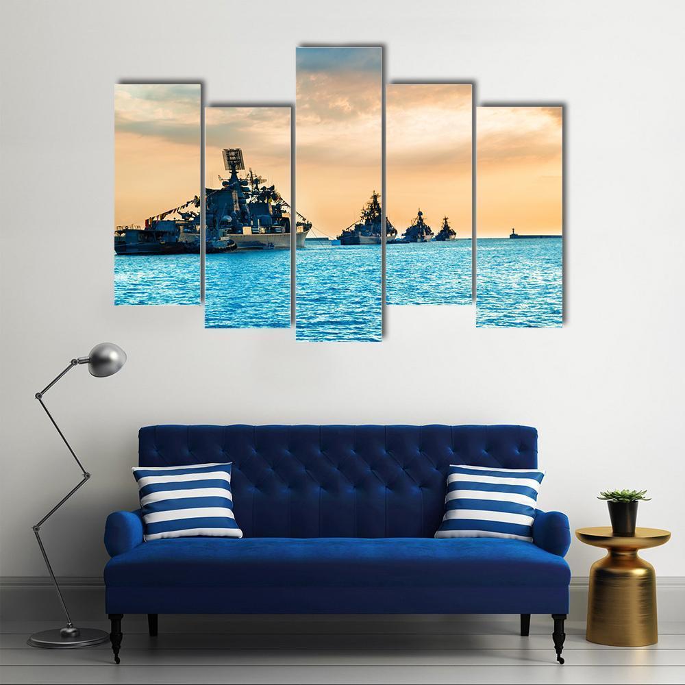 Military Navy Ships In Sea Canvas Wall Art-5 Pop-Gallery Wrap-47" x 32"-Tiaracle