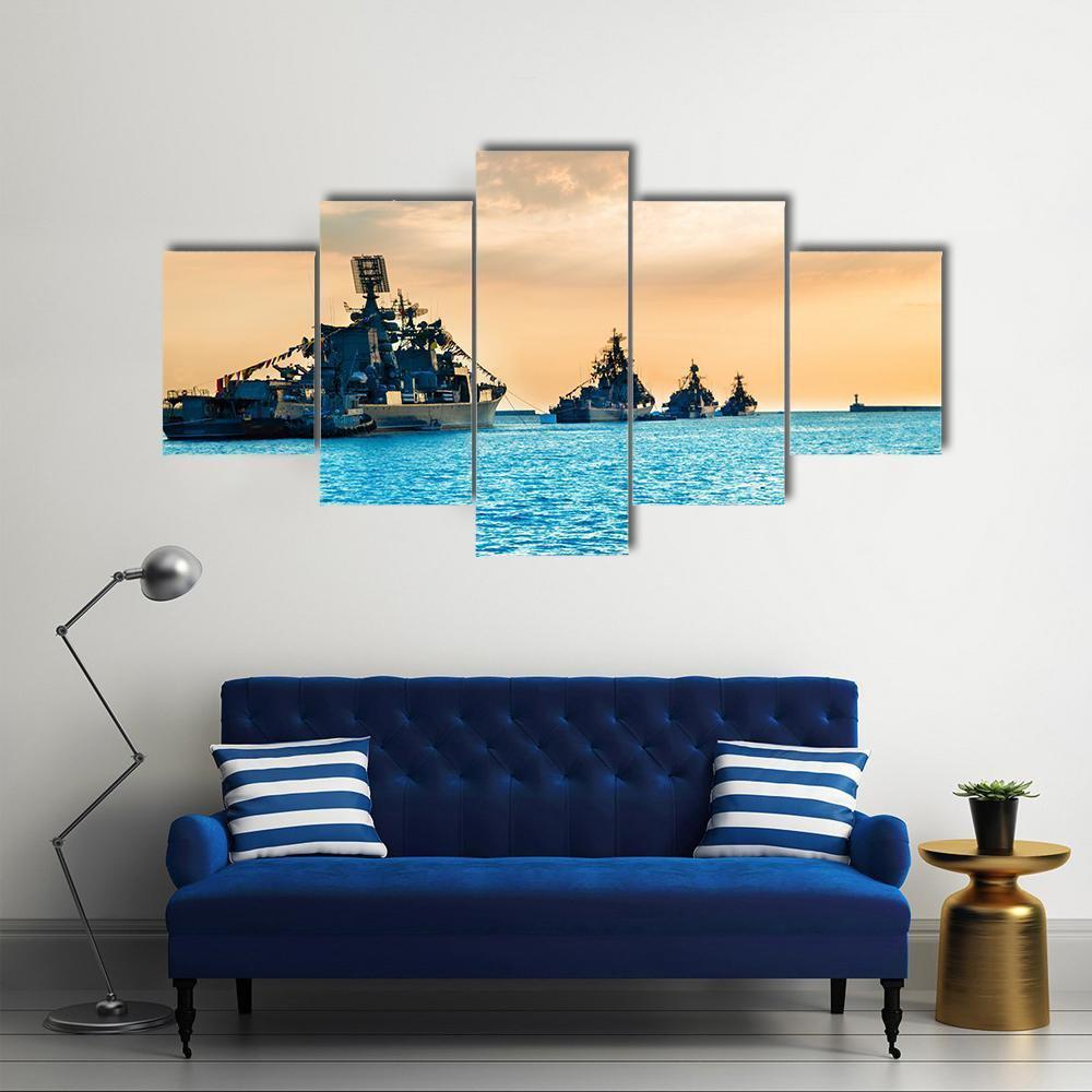 Military Navy Ships In Sea Canvas Wall Art-5 Pop-Gallery Wrap-47" x 32"-Tiaracle