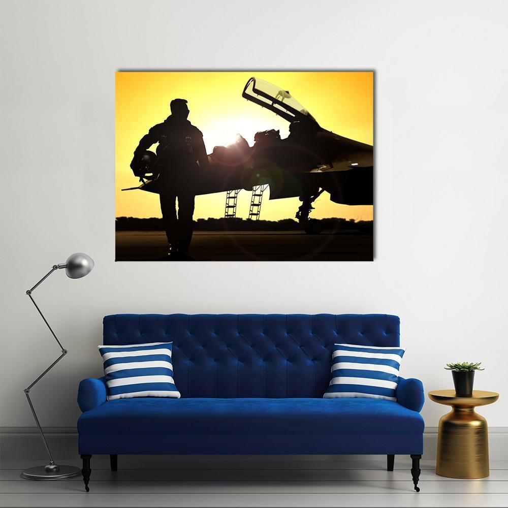 Military Pilot on Airfield Canvas Wall Art in black and yellow, single panel hung on a wall