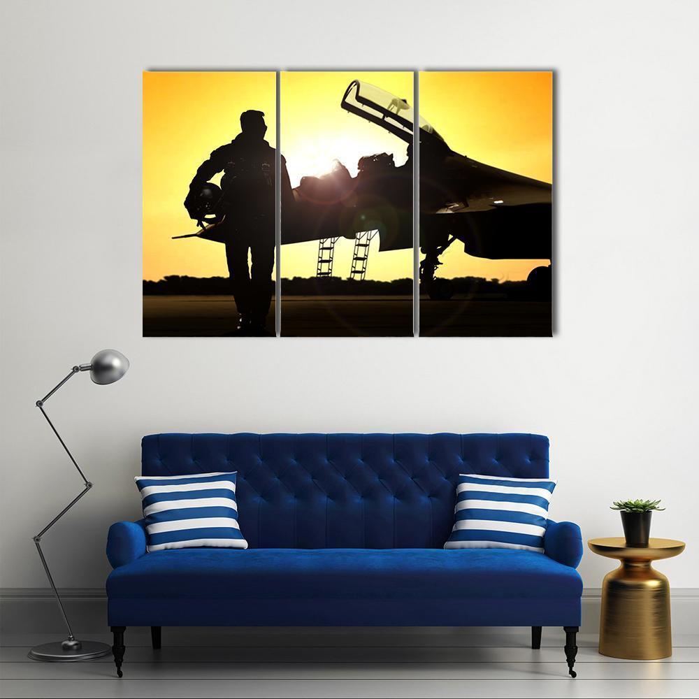 Military Pilot On Airfield Canvas Wall Art-3 Horizontal-Gallery Wrap-37" x 24"-Tiaracle