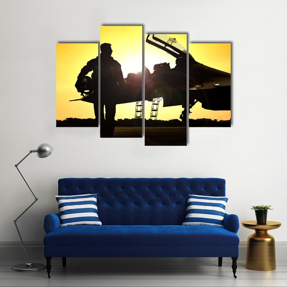 Military Pilot On Airfield Canvas Wall Art-4 Pop-Gallery Wrap-50" x 32"-Tiaracle