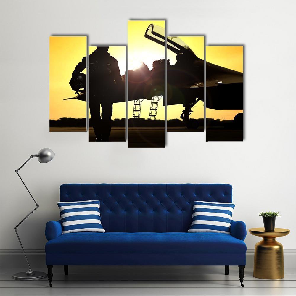 Military Pilot On Airfield Canvas Wall Art-5 Pop-Gallery Wrap-47" x 32"-Tiaracle