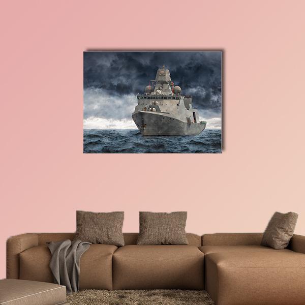 Warship in Stormy Sea Canvas Wall Art in gray, blue and navy, single panel hung on a wall
