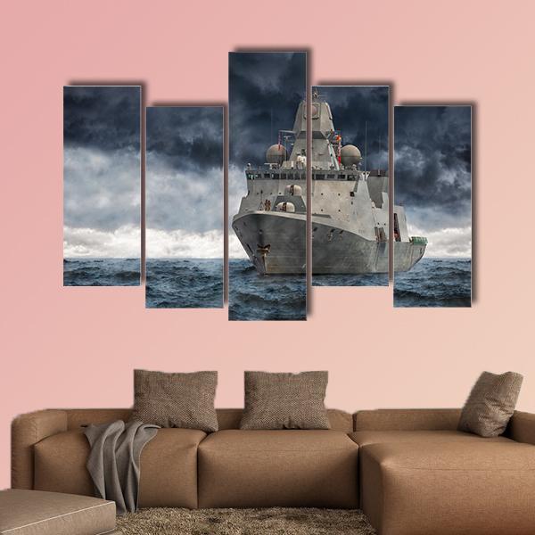 Military Ship In Ocean Canvas Wall Art-5 Pop-Gallery Wrap-47" x 32"-Tiaracle