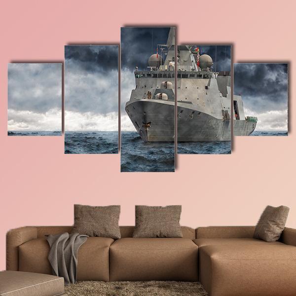 Military Ship In Ocean Canvas Wall Art-5 Star-Gallery Wrap-62" x 32"-Tiaracle