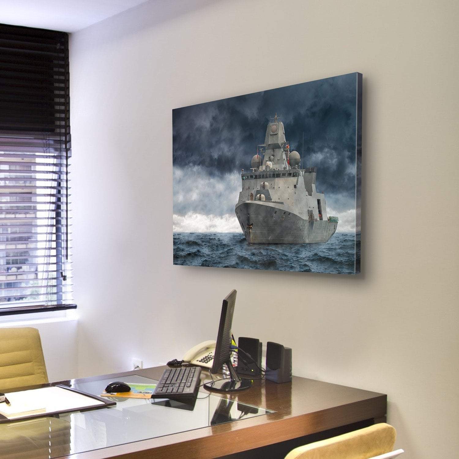 Military Ship In Ocean Canvas Wall Art-4 Pop-Gallery Wrap-50" x 32"-Tiaracle