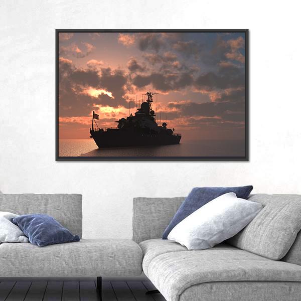 Silhouetted Warship at Sunset Canvas Wall Art in black, gray and orange, framed canvas, product view on a white background