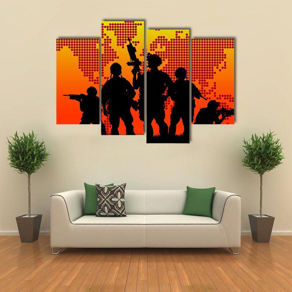 Silhouette Of Military Soldiers Canvas Wall Art-4 Pop-Gallery Wrap-50" x 32"-Tiaracle