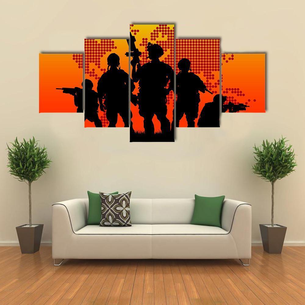 Silhouette Of Military Soldiers Canvas Wall Art-5 Star-Gallery Wrap-62" x 32"-Tiaracle