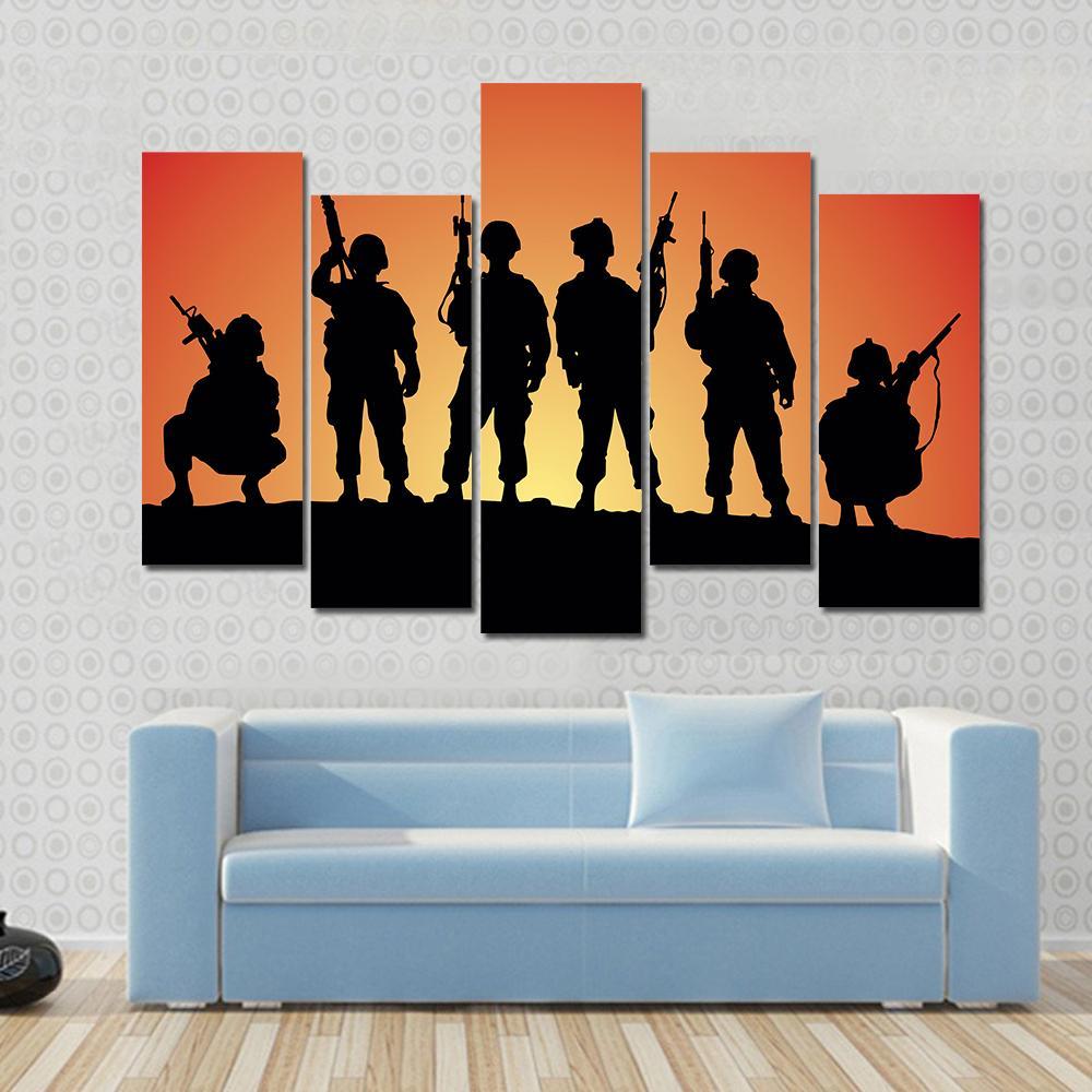 Military Soldiers Silhouettes Canvas Wall Art-5 Pop-Gallery Wrap-47" x 32"-Tiaracle