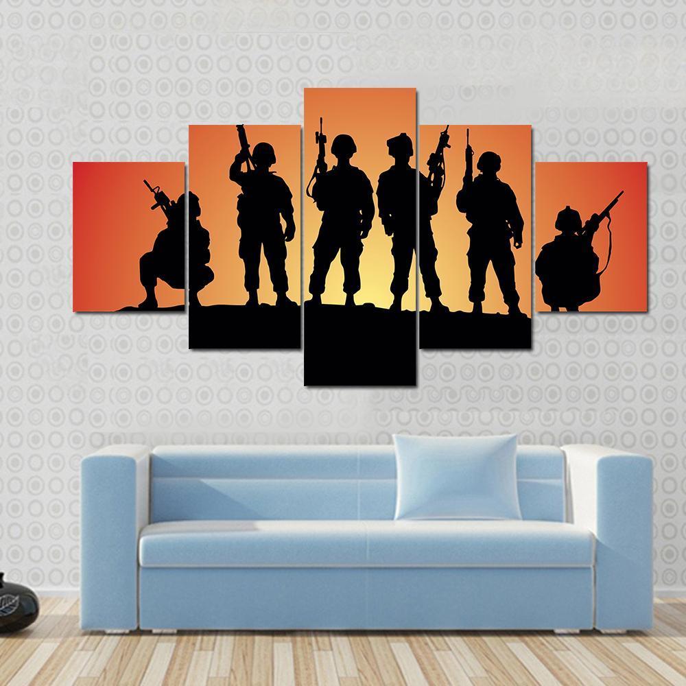 Military Soldiers Silhouettes Canvas Wall Art-5 Star-Gallery Wrap-62" x 32"-Tiaracle