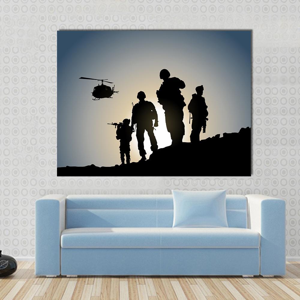 Army in Battlefield Canvas Wall Art in black, beige and blue, single panel hung on a wall