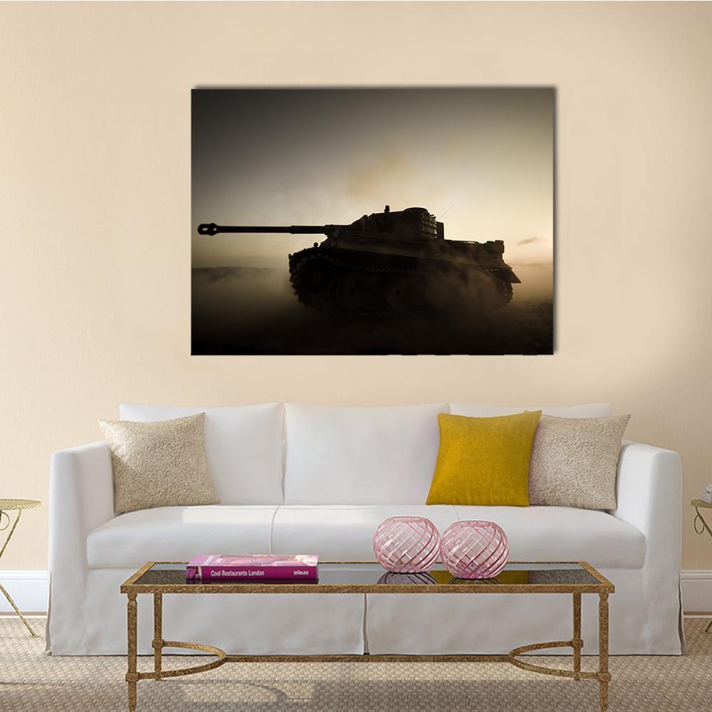 Single Military Tank in Dust Canvas Wall Art in black, beige and brown, single panel hung on a wall